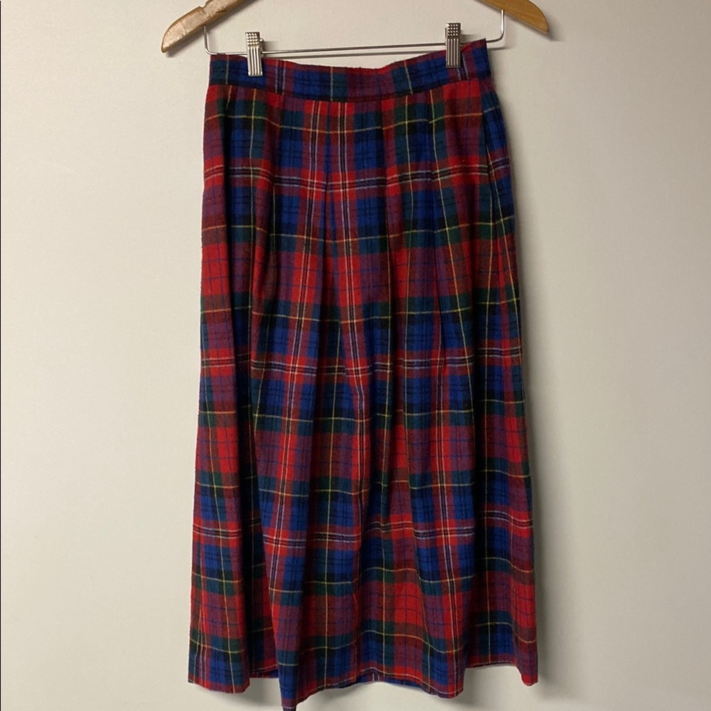 Vintage Handmade Plaid Wool Pleated Midi A-Line Skirt